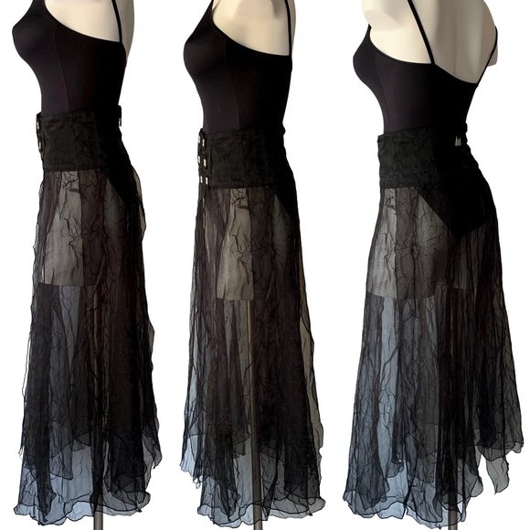 French Designer Biche de Bère vintage tiered/crinkled/pliseé sheer maxi skirt - Picture 4 of 15